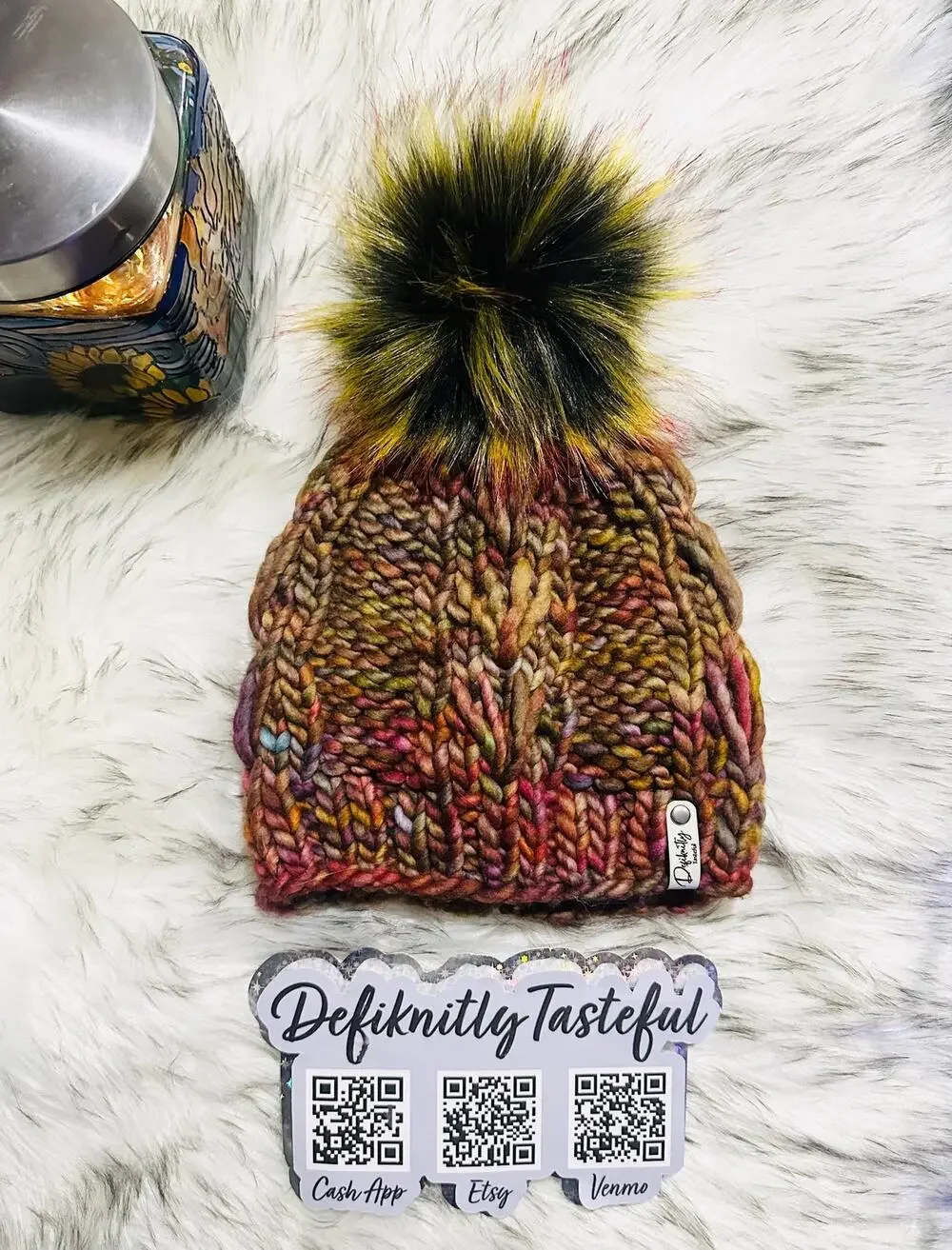 Hand Knit Merino Wool Scrappy Lake Erie Beanie: Faux Fur Pom - Adult Size